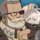 Goldlewis Dickinson, a stern-looking military man with a large beard and eyepatch, adjusts his tie.